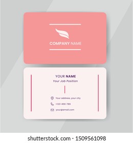 Business card template vector. Flat simple design of pink colored business card with logo sample include phone, address and email icon.