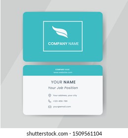 Business card template vector. Flat simple design emerald colored business card with logo sample include phone, address and email icon.