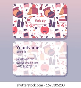 Business card template. Vector illustration of cosmetics: cream, lipstick, mascara, nail polish, perfume, lipstick, eye shadows, brush, powder. Flat design.