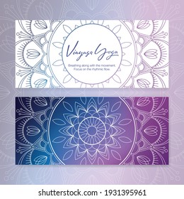 Business card template with vector illustration of the mandala and modern-style hand lettering for Vinyasa yoga studio. Stylish logotype, visit card, banner, poster, label, invitation, or gift card.