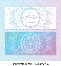 Business card template with vector illustration of mandala and hand lettering for the Ashtanga yoga studio. Stylish logotype, visit card, banner, poster, label, invitation, or gift card. EPS10
