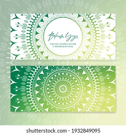 Business card template with vector illustration of mandala and hand lettering for Bikram yoga studio. Stylish logotype, visit card, banner, poster, label, invitation, or gift card. EPS10