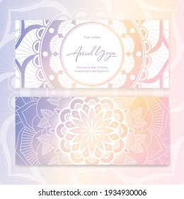 Business card template with vector illustration of mandala and hand lettering for Aerial yoga studio. Stylish logotype, visit card, banner, poster, label, invitation, or gift card. EPS10