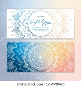 Business card template with vector illustration of mandala and hand lettering for a Couple yoga studio. Stylish logotype, visit card, banner, poster, label, invitation, or gift card. EPS10