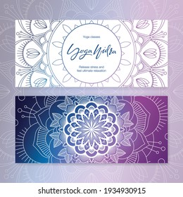 Business card template with vector illustration of mandala and hand lettering for Yoga Nidra studio. Stylish logotype, visit card, banner, poster, label, invitation, or gift card. EPS10