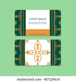 Business card template vector. Ornamental green gold tiles visiting card template. Oriental pattern design layout. Moroccan, islamic, portuguese or arabic motifs. Front page and back page.