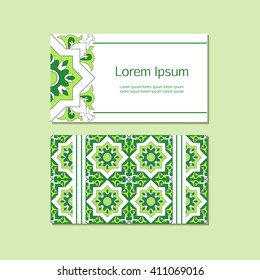 Business Card template vector. Ornamental tiles visiting card template. Oriental pattern design layout. Portuguese, moroccan, islamic or arabic motifs. Front page and back page.