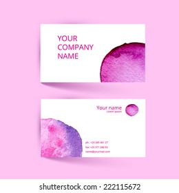 Business card template. Vector watercolor pink design.