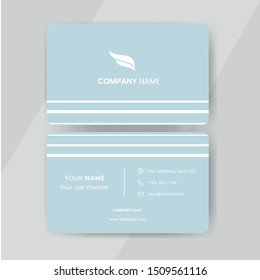 Business card template vector. White line stripes. Flat simple design of baby blue colored business card with logo sample include phone, address and email icon.