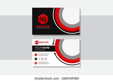 Business Card Template, Visiting Card Design. Corporate Business Card Red & Black With Logo Element Letter, Multi Color Vector Design. Circle Element For Place Of Photo. Horizontal Layout. 