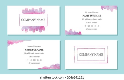 Business card template. Business card with watercolors in pink colors. Perfect for individual entrepreneurs, small and large businesses, enterprises. Vector illustration.