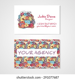 Business card template whit funny doodle monsters. Corporate identity. 