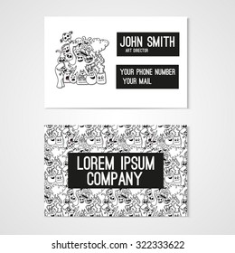 Business card template whit funny doodle monsters. Corporate identity.  Illustration in white and black colors.