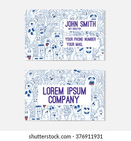Business card template whit funny doodle monsters on notebook. Corporate identity.  