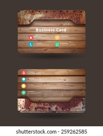 Business card template, With wood texture and old rusty metal plate design, Vector illustration 