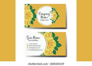 Business Card Template Yellow Rose Flower .Double-sided Blue Colors. Flat Design Vector Illustration. Stationery Design