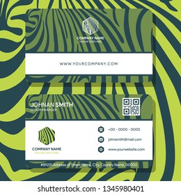 Business card template, zebra pattern vector design editable with green color for background. 