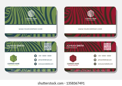 Business card template, zebra pattern vector design editable, green and red color. Geometric Pattern identity card