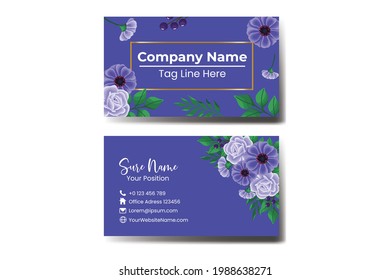 Business Card Template Zinnia and Rose Flower .Double-sided Blue Colors. Flat Design Vector Illustration. Stationery Design