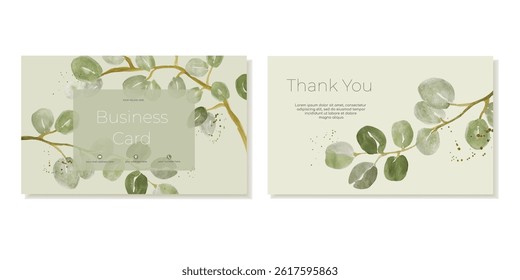 Business Card Templates With Botanical Watercolour Drawing Eucalyptus. Vector