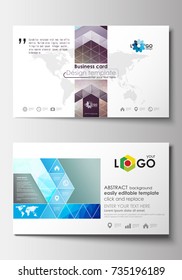 Business card templates. Cover design template, easy editable blank, abstract flat layout. Abstract triangles, blue triangular background, colorful polygonal pattern.