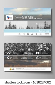 Business card templates. Easy editable layout, vector design template. Abstract landscape of nature. Dark color pattern in vintage style, mosaic texture.