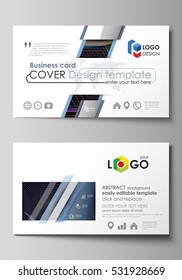 Business card templates. Easy editable layout, vector template. Abstract polygonal background with hexagons, illusion of depth and perspective. Black color geometric design, hexagonal geometry.