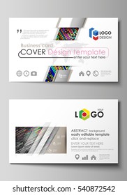 Business card templates. Easy editable layout, vector design template. Colorful background made of stripes. Abstract tubes and dots. Glowing multicolored texture.