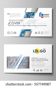 Business card templates. Easy editable layout, vector template. Blue and gray color hexagons in perspective. Abstract polygonal style modern background