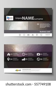 Business card templates. Easy editable layout, vector design template. Dark color triangles and colorful circles. Abstract polygonal style modern background