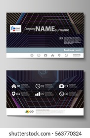 Business card templates. Easy editable layout, vector template. Abstract polygonal background with hexagons, illusion of depth and perspective. Black color geometric design, hexagonal geometry.