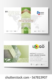 Business card templates. Easy editable layout, abstract flat design template, vector illustration. Green color background with leaves. Spa concept in linear style. Vector decoration.