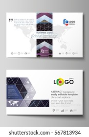 Business card templates. Easy editable layout, vector template. Abstract polygonal background with hexagons, illusion of depth and perspective. Black color geometric design, hexagonal geometry