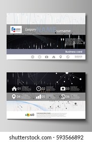 Business card templates. Easy editable vector layout. Abstract design infographic background in minimalist style made from lines, symbols, charts, diagrams and other elements.