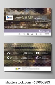 Business card templates. Easy editable layout, vector design template. Abstract multicolored backgrounds. Geometrical patterns. Triangular and hexagonal style.