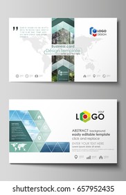 Business card templates. Easy editable layout, abstract vector design template. Colorful background made of triangular or hexagonal texture, natural landscape in polygonal style.