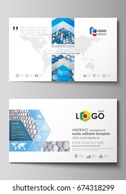 Business card templates. Easy editable layout, vector template. Blue and gray color hexagons in perspective. Abstract polygonal style modern background.