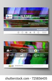 Business card templates. Easy editable layout, abstract vector design template. Glitched background made of colorful pixel mosaic. Digital decay, signal error, television fail.