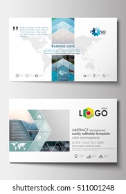 Business card templates. Flat design blue color travel decoration layout, easy editable vector template, colorful blurred natural landscape.