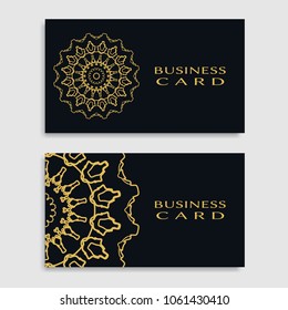 Business card templates set with isolated golden mandala element. Gold and black geometric ornament. Vector design for logo, icon, label, emblem for boutique, flower shop, interior, company symbol