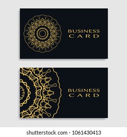 Business card templates set with isolated golden mandala element. Gold and black geometric ornament. Vector design for logo, icon, label, emblem for boutique, flower shop, interior, company symbol