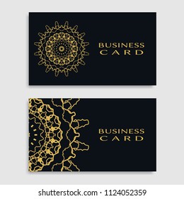 Business card templates set with isolated golden mandala element. Gold and black geometric ornament. Vector design for logo, icon, label, emblem for boutique, flower shop, interior, company symbol
