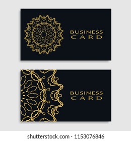 Business card templates set with isolated golden mandala element. Gold and black geometric ornament. Vector design for logo, icon, label, emblem for boutique, flower shop, interior, company symbol