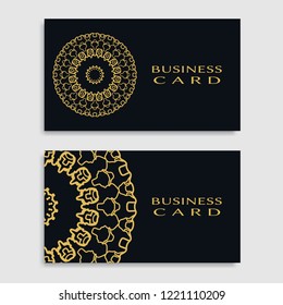 Business card templates set with isolated golden mandala element. Gold and black geometric ornament. Vector design for logo, icon, label, emblem for boutique, flower shop, interior, company symbol