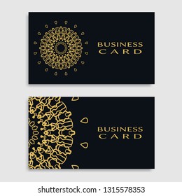 Business card templates set with isolated golden mandala element. Gold and black geometric ornament. Vector design for logo, icon, label, emblem for boutique, flower shop, interior, company symbol