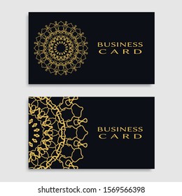 Business card templates set with isolated golden mandala element. Gold and black geometric ornament. Vector design for logo, icon, label, emblem for boutique, flower shop, interior, company symbol