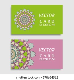 Business card templates set with isolated mandala element, colored floral geometric ornament. Vector design for logo, icon, label, emblem for boutique, flower shop, interior, company symbol