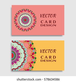 Business card templates set with isolated mandala element, colored floral geometric ornament. Vector design for logo, icon, label, emblem for boutique, flower shop, interior, company symbol