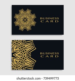 Business card templates set with isolated golden mandala element. Gold and black  geometric ornament. Vector design for logo, icon, label, emblem for boutique, flower shop, interior, company symbol