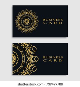 Business card templates set with isolated golden mandala element. Gold and black  geometric ornament. Vector design for logo, icon, label, emblem for boutique, flower shop, interior, company symbol